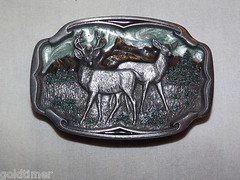 VINTAGE HUNTING DEER DOE BUCKS 1991 C & J MADE IN USA METAL BELT BUCKLE