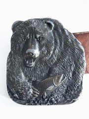 1978 Bergamot Bear in Stream w Fish, Solid Brass Belt Buckle w Leather Belt 36&Prime;