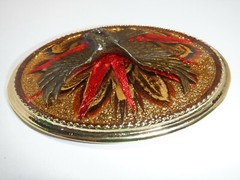 1980s EAGLE with REAL FEATHERS BELT BUCKLE MADE USA GOLD METAL RESIN VINTAGE #6