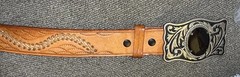 Black Agate Cabochon Stone Buckle & Leather Belt Silver Tone Accents Size 46