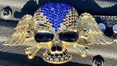 Skull covered in Clear & Blue Rhinestones Belt & Belt Buckle,Missing Some Stones