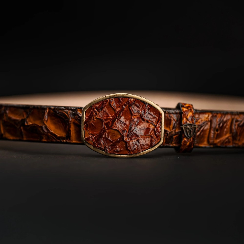 Genuine Exotic Pirarucu Monster Fish Western Belt with Removable Buckle – Cognac
