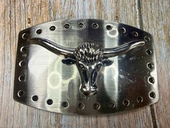 Texas Longhorn Cow Bull Head Steer Hole Border Silver Color Western Belt Buckle