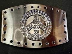 Jeweled Peace Sign Studded Rhinestone Silver Tone Belt Buckle W/ Hole Border