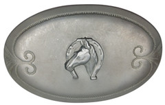 Vintage Satin Silver Tone – Horse with Horseshoe 2.5&Prime; x 3.5&Prime; Belt Buckle