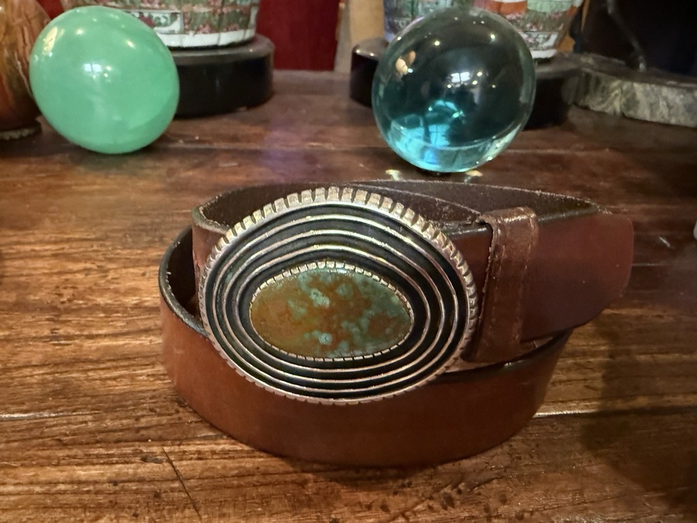 R.Sorrell James Reid Dgn Sterling Silver Turq.Belt Buckle Cow Hide 34”-1.5”✅