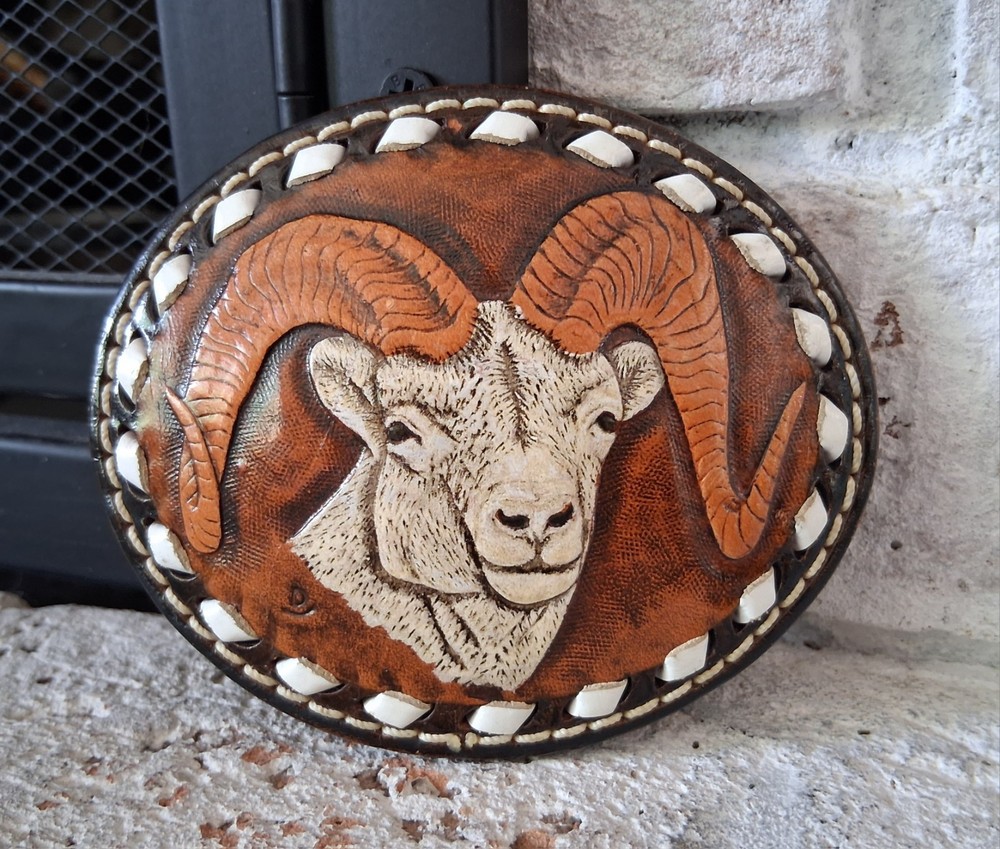 Vtg Rocking D Saddle Co Leather Belt Buckle Big Horn Sheep Ram Hand Tooled Utah