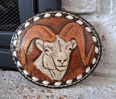 Vtg Rocking D Saddle Co Leather Belt Buckle Big Horn Sheep Ram Hand Tooled Utah