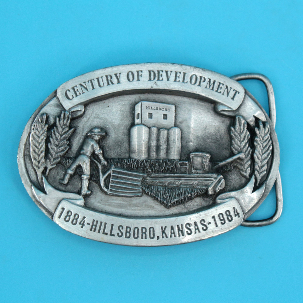 VTG 80s Hillsboro Kansas Centennial Commemorative Belt Buckle 1984