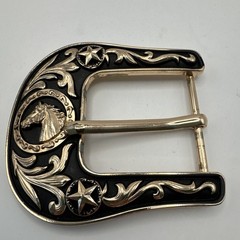 Western Belt Buckle Two Tone Gold Black Horse Stars Rodeo Wear