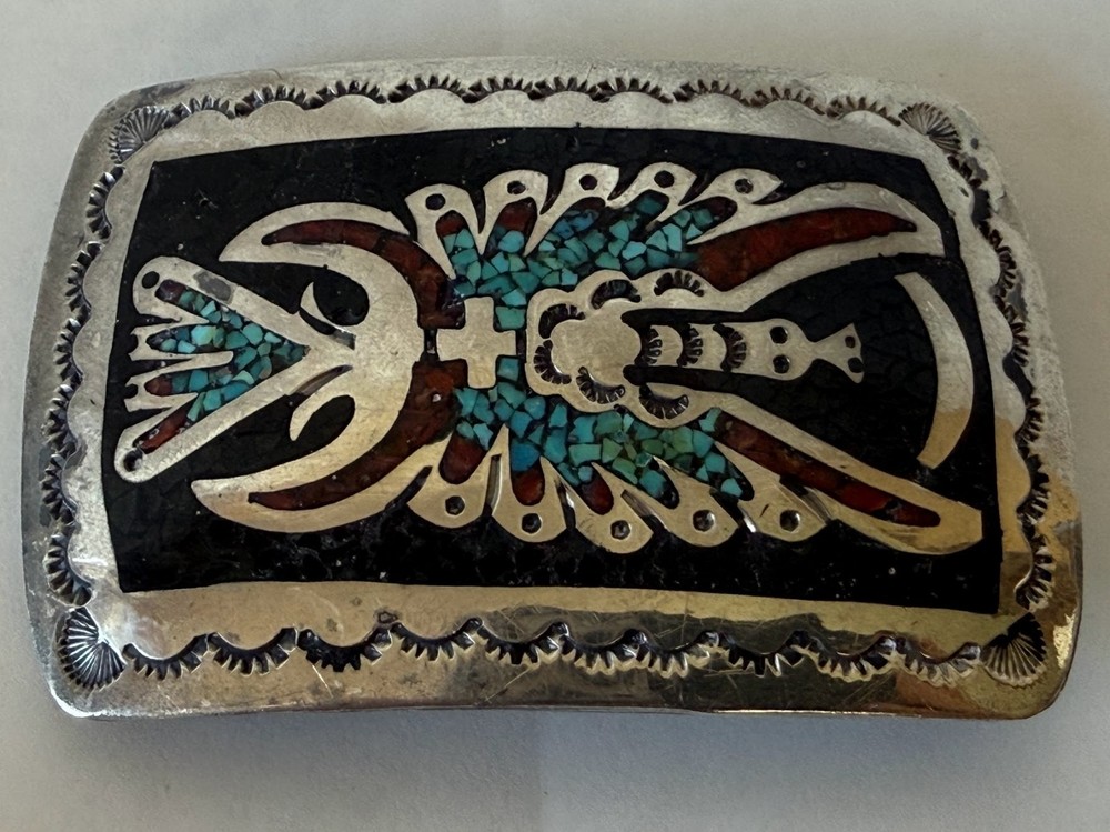 Vintage Navajo Silver Coral & Turquoise Belt Buckle Kathryn Wallace