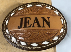 Vtg Tooled Leather Western Belt Buckle name JEAN custom Big 4” cowboy