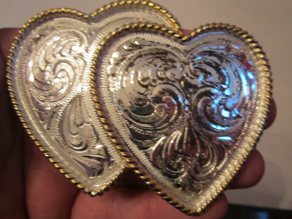 GERMAN SILVER DOUBLE HEART WESTERN DESIGN BELT BUCKLE – GW-9