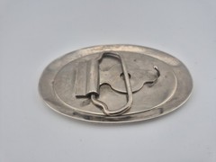 belt buckle oval red silver Norfolk & Western RY railroad 3.75&Prime; long