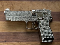 Gun Belt Buckle Iced Style Silver Metal Full of Rhinestones Revolver Pistols Men