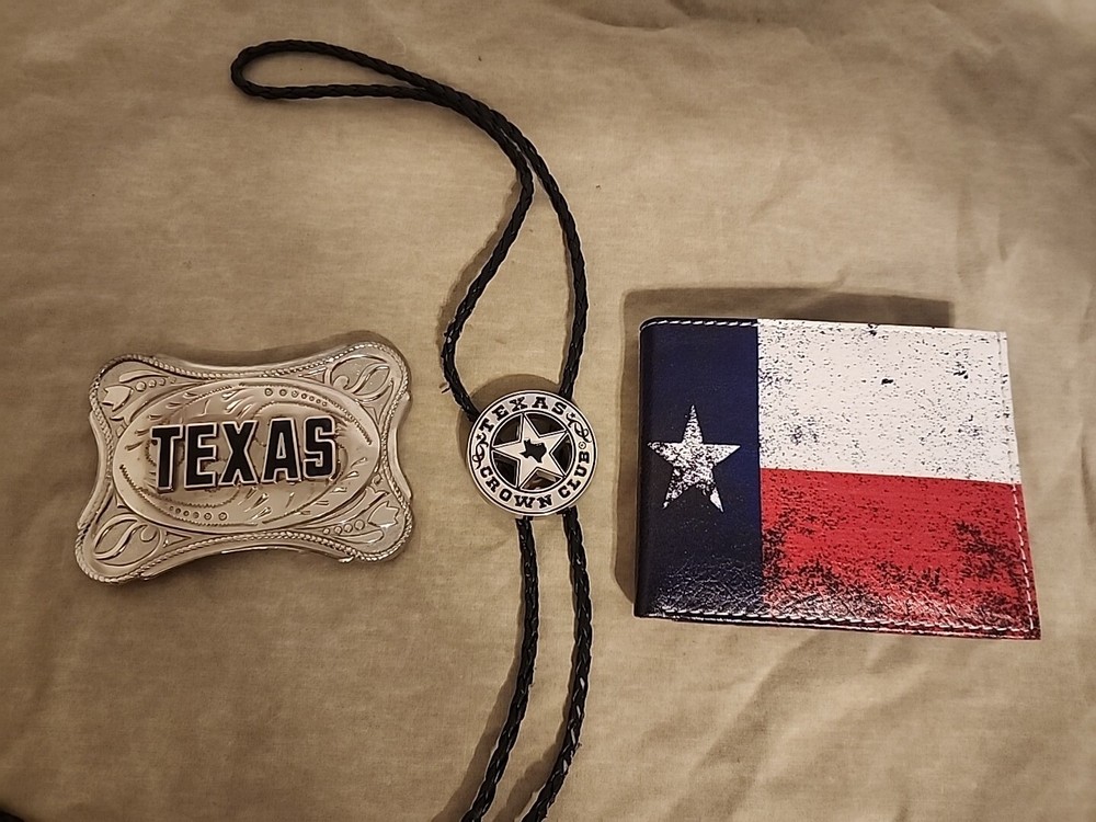 TEXAS Theme Belt Buckle, Bolo Tie, & Billfold Wallet Mens Accessories Lot *NICE*