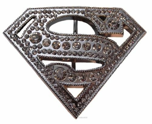 Superman S Logo Rhinestone Silvertone Enamel Metal Belt Buckle