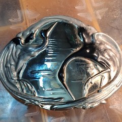Vintage Charmant Beverly Hills Belt Buckle Enamel Crane Birds Gold Silver Tone