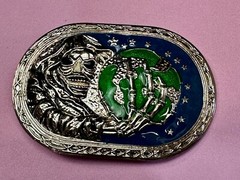 Skull Face Holding The Earth Grim Reaper Silver Green Gothic Biker Belt Buckle