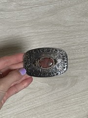VTG Western Country Silver Tone Rhodochrosite Stone Belt Buckle 3.25&Prime; x 2&Prime;