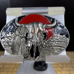 Silver Black and Red Metal Men’s Long Horn Belt Buckle 5 in – 3. 1/4 in