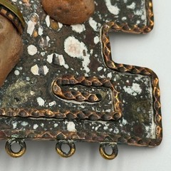 Vintage Maya Mexico Brutalist Mixed Metal Belt Buckle Clay Mask Enamel Folk Art