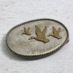 Vintage German Silver Enamel Mallard Duck Belt Buckle Engraved Western Rope Edge