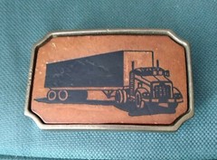 Vintage BTS Solid Cast Brass Tooled Leather Semi Truck Belt Buckle Tan Black