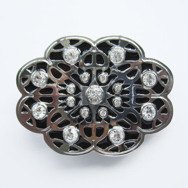 Black Enamel Clear Rhinestones Western Flower Metal Belt Buckle