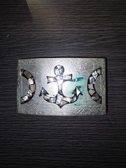 Vintage 1970&rsquo;s Belt Buckle – Abalone Shell with Anchor and Engravings
