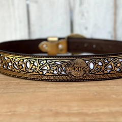 Genuine Laser Cut Leather Mexico Western Belt with Removable Buckle – Gold