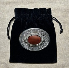 Vintage Style Western Silver Tone Belt Buckle Red Cabochon Stone Engraved Oval