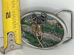 VTG 1984 Belt Buckle Bergamot Brass Works Pewter Buck Deer Hunting Nature Scene