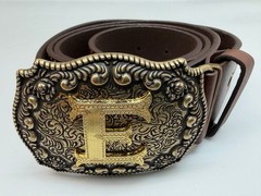 Antiqued Silver Letter Initial E Gold Classic Rectangle Flower Belt Buckle