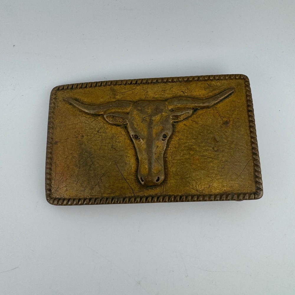 Vintage Megan Belt Buckle Brass/Gold Tone Western Longhorn Steer Rope Edge