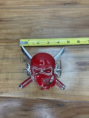 Skull Belt Buckle Red / Silver Skeleton Metal Gothic Tattoo Crossed Swords 4×4.5