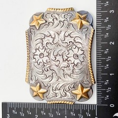 Vintage Western Belt Buckle Silver Gold Tone Floral Engraved Stars Rope Edge