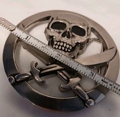 Vintage Silver Star Skull and Swords Belt Buckle Made in USA Jolly Roger Metal