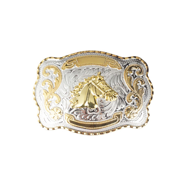1 1/2&Prime; Big Gold Horse Head Western Belt Buckle – Style 1. 5 1/2&Prime; x 3 7/8&Prime;.