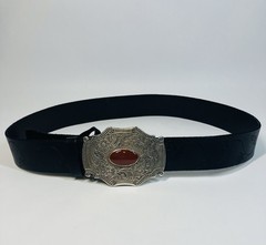 Womens Linea Pelle Black Leather Belt with Floral Buckle Large