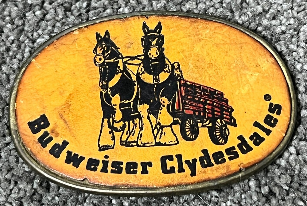 Vintage 3.7” x 2.6” Budweiser Clydesdales Leather Inlay Oval Belt Buckle