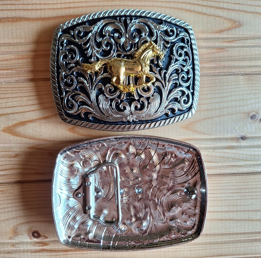 BIG Horse relief western silver & gold belt buckle (choice designs)