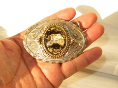 Belt Buckle Western Style Gold Tone Oval Stage Coach Gold Flake Inlaid Vintage