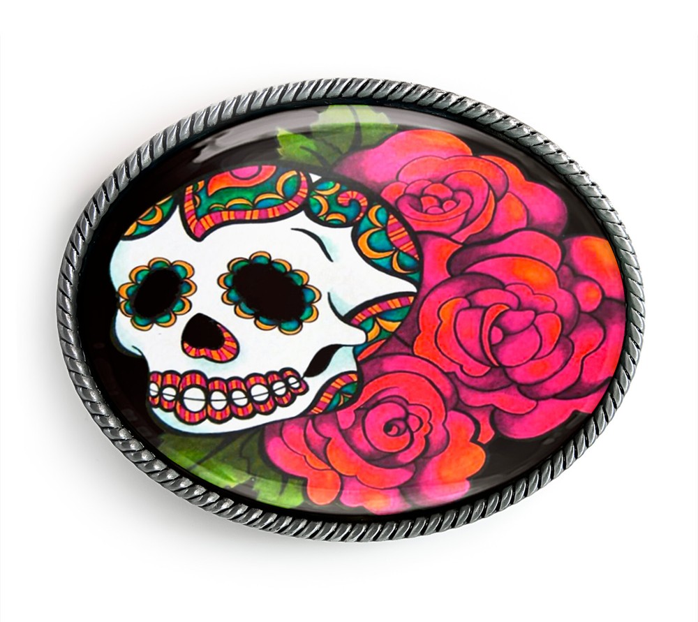 Skull and Roses Belt Buckle – Mexican Day of the Dead Tattoo Belt Buckle – 77