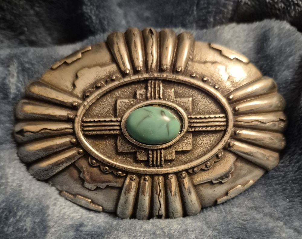 Ivan Metal Southwestern Silver Tone Turquoise Stone Belt Buckle