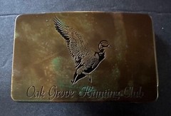 VINTAGE OAK GROVE HUNTING CLUB BRASS BRAND BELT BUCKLE LOTS OF PATINA
