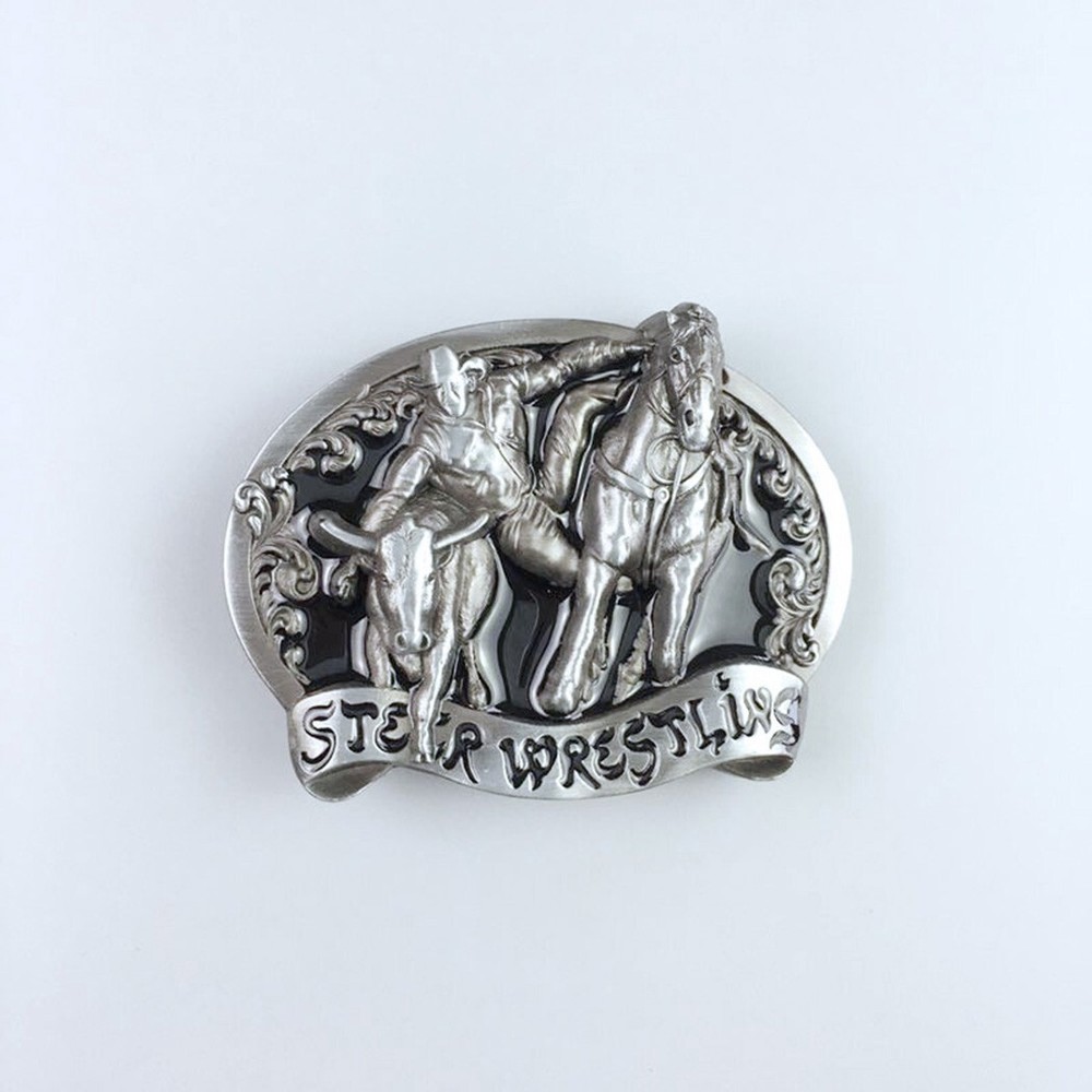 Black Enamel Rodeo Steer Wrestling Western Belt Buckle Boucle de Ceinture