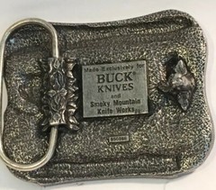 Buck Knives Belt Buckle Four Generations Of Knife Makers Pewter Smoky MT. Knife