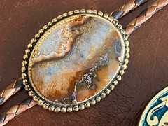Vintage Southwestern Agate Stone Bolo Tie & Belt Buckle Set Gold Tone ZB-003