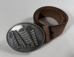 BevBuckle Belt Buckle Mens Brown Leather Merica American Flag USA Western Oval